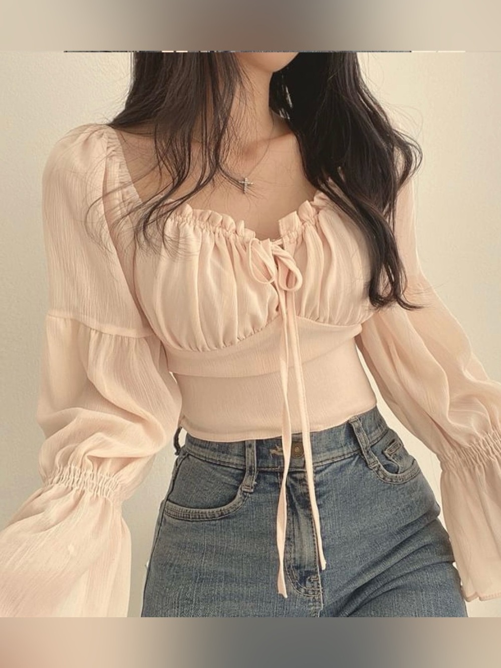 Lush Blush Puff-Sleeve Tie-Front Crop Top